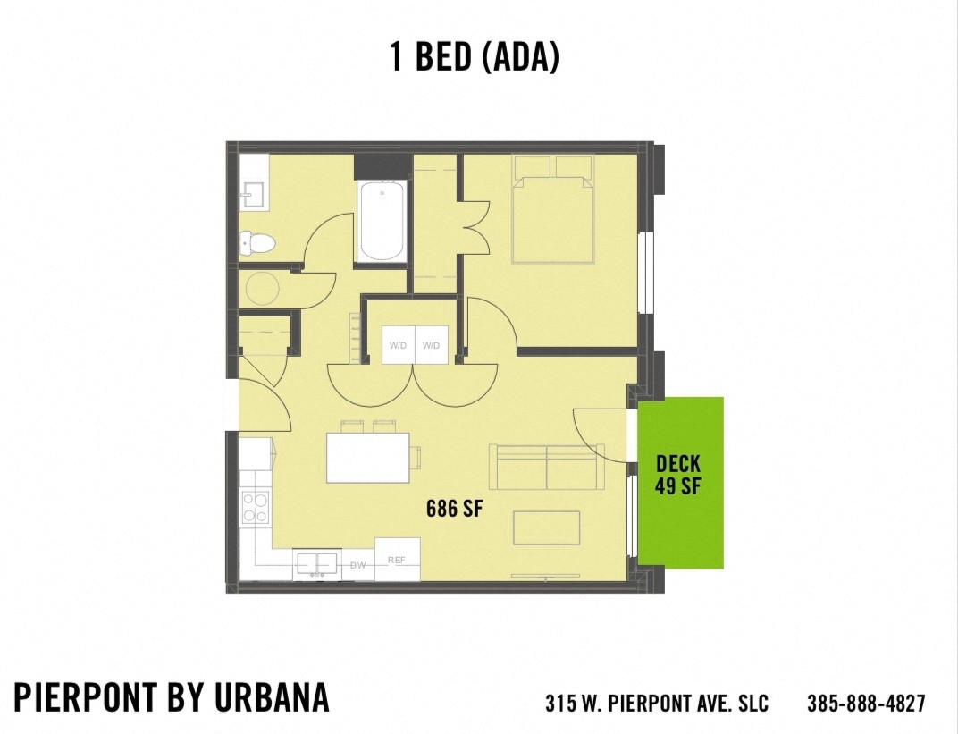 Floor plan for 1 bed, 1 bath, 686 sqft